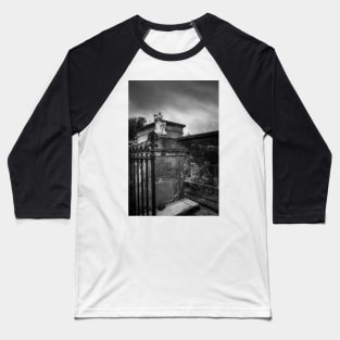 A Fence A Wall and A Headless Angel In Black and White Baseball T-Shirt